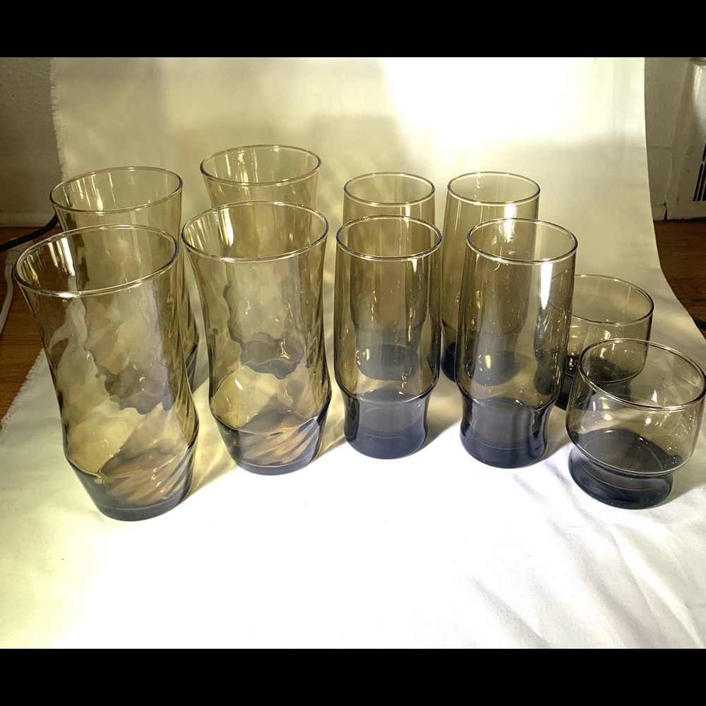 Set of 10 Vintage Amber Glasses